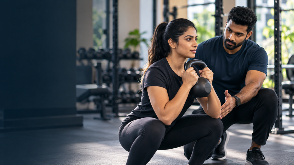 A Velocious Pro coach guiding a client through a kettlebell squat